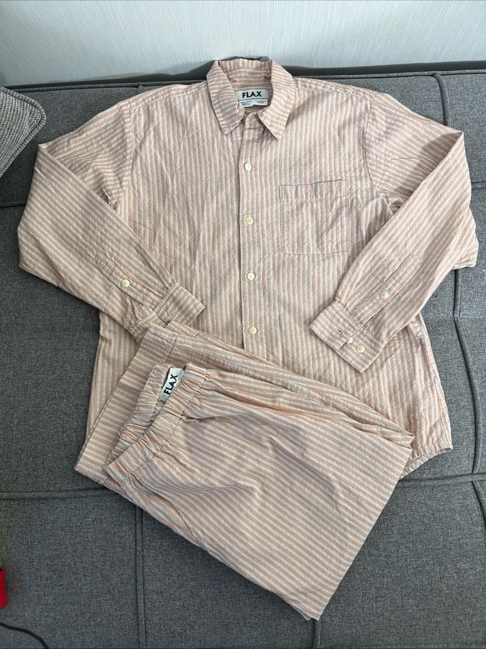 FLAX 2 Piece S Cotton Woven Lagenlook Capri Pant Set Beige White Stripe Women's